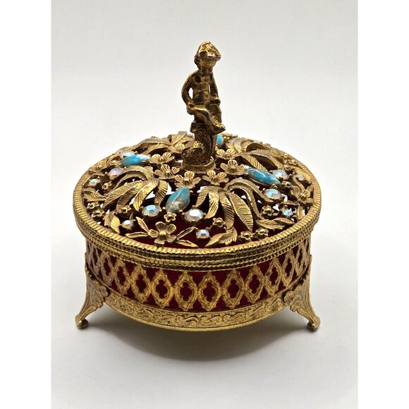 Vintage Cherub Gold Tone Footed Metal Jewelry or Trinket Box w/ embellished lid - Picture 5 of 8